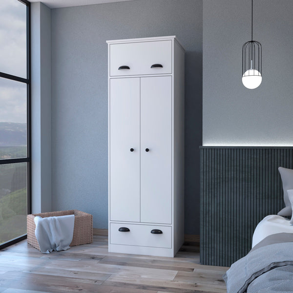 English Elm White Double Door and 1-Drawer Armoire with Hanging Rod, Hinged Top & Spacious Lower Drawer for Compact Spaces B062S00239