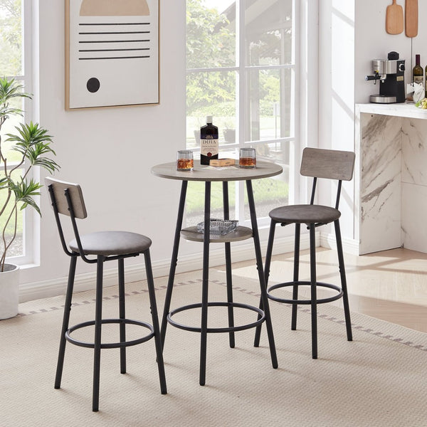 English Elm Round Bar Table Set with Two Pu Leather Stools Steel Frame Kitchen Pub Dining Grey W1162101846