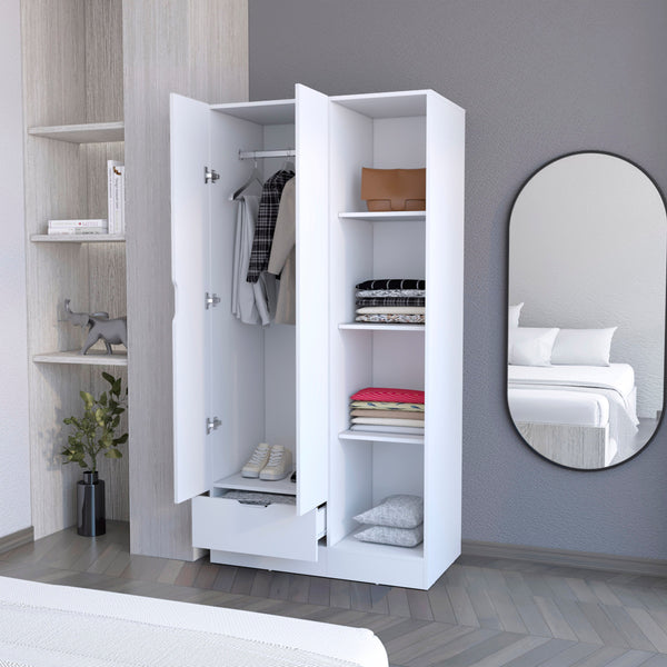 English Elm Cimarron Elegant 2-Door White Armoire with Drawer, 4 Shelves & Hanging Rod for Compact Spaces B062S00244