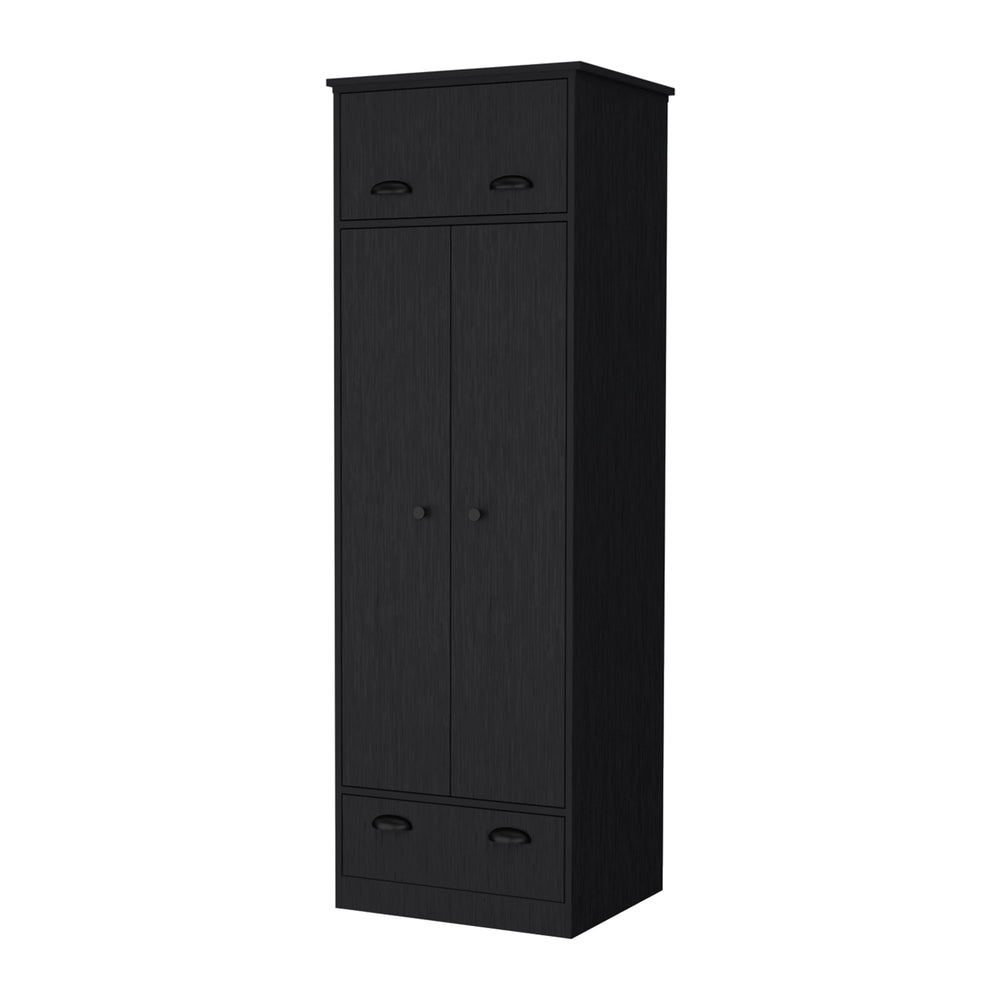 English Elm Double Double Door Armoire Wenge with 1 Drawer, Hanging Rod & Hidden Top Compartment for Small Spaces B062S00240
