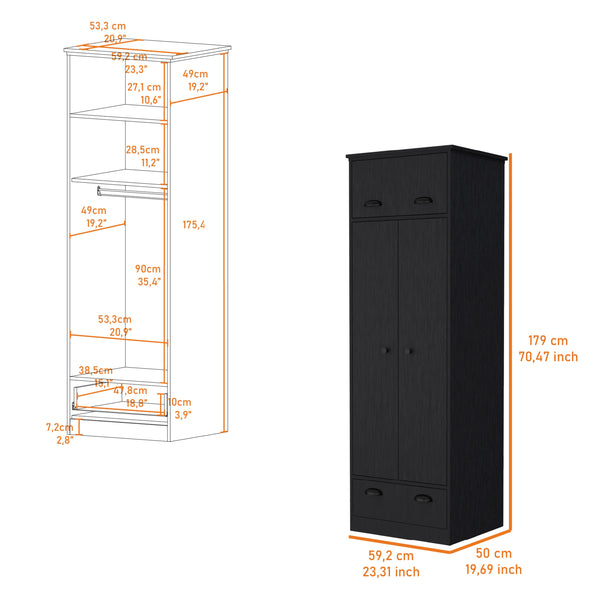 English Elm Double Double Door Armoire Wenge with 1 Drawer, Hanging Rod & Hidden Top Compartment for Small Spaces B062S00240