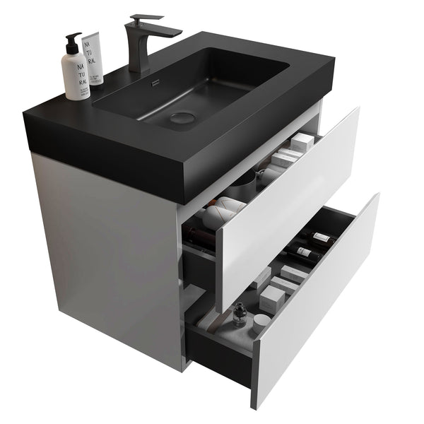 English Elm Alice 30" White Wall-Mounted Bathroom Vanity With Black Sink, Modern Design & Ample Storage Space W1865S00023