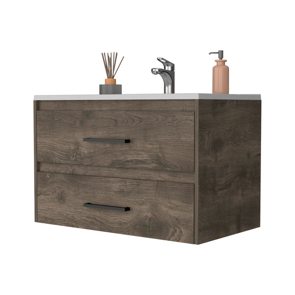 English Elm Lafayette Wall-Mounted Bathroom Vanity 2-Drawer Dark Brown & White, Space-Saving Storage Solution B062S00243