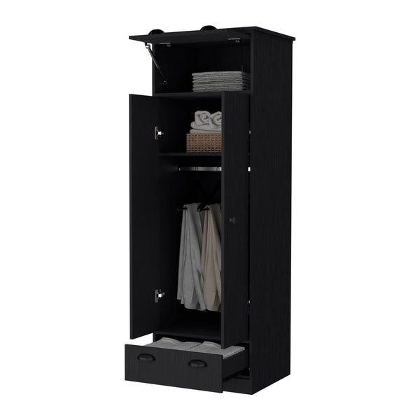 English Elm Double Double Door Armoire Wenge with 1 Drawer, Hanging Rod & Hidden Top Compartment for Small Spaces B062S00240