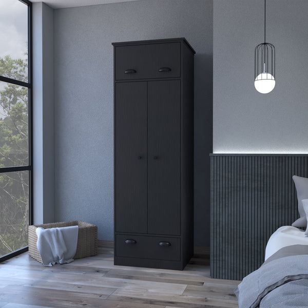 English Elm Double Double Door Armoire Wenge with 1 Drawer, Hanging Rod & Hidden Top Compartment for Small Spaces B062S00240