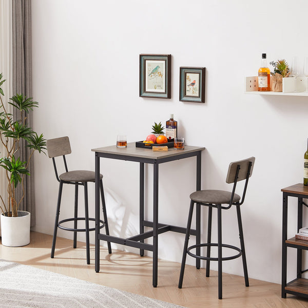 English Elm Bar Table Set with 2 Bar Stools PU Cushioned Backrests Space-Saving Vintage Woodgrain Top Enduring Stability and Comfort Grey W1162104644
