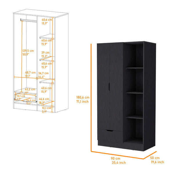 English Elm 2-Door Wenge Armoire Cabinet with Hanging Rod, 4 Shelves & Drawer for Compact Bedroom Storage B062S00245