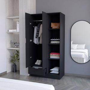 English Elm 2-Door Wenge Armoire Cabinet with Hanging Rod, 4 Shelves & Drawer for Compact Bedroom Storage B062S00245
