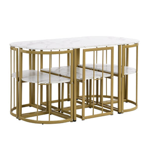 English Elm Topmax Faux Marble 7 Piece Dining Set Seats Six with Iron Frame Modern Glam Appeal Golden+White N717S000017G