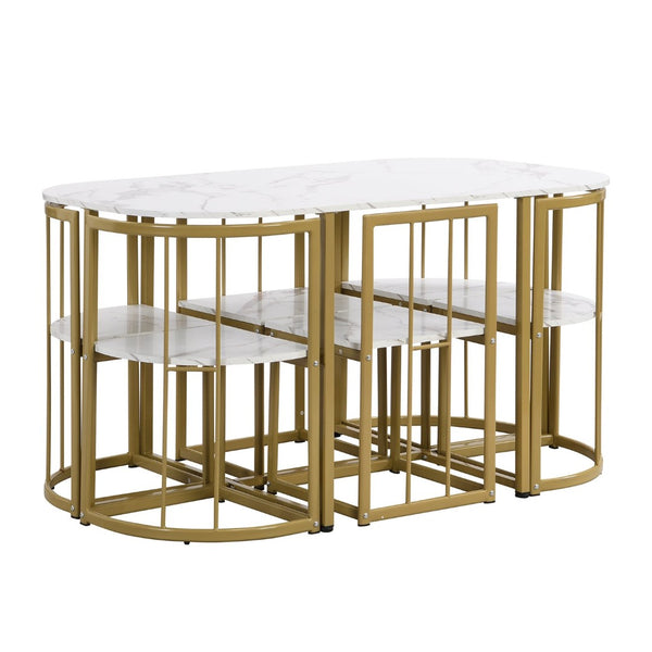 English Elm Topmax Faux Marble 7 Piece Dining Set Seats Six with Iron Frame Modern Glam Appeal Golden+White N717S000017G
