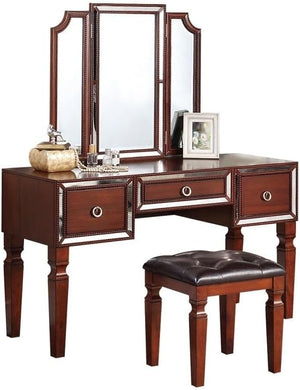 English Elm Luxurious Tri-Fold Vanity Set with Stool and Three Drawers for Bedroom Makeup, Elegant Storage and Comfort Cherry 25 L x 20 W x 60 H B011111850