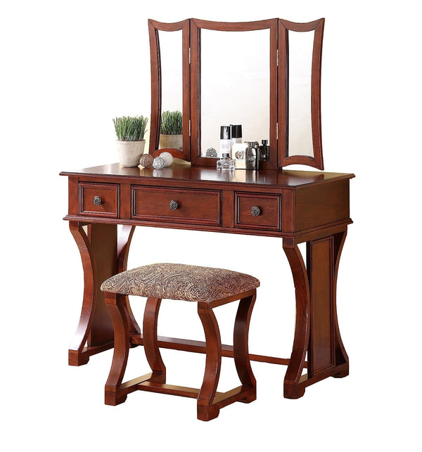 English Elm Unique Modern Bedroom Vanity Set with Foldable 3-Panel Mirror, Drawers & Cushioned Stool in MDF Veneer Rustic Pine Finish Cherry 25 L x 20 W x 48 H B011111842