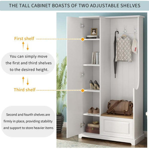 English Elm On-trend Matte Finish Hall Tree with Flip Bench Shoe Storage and Hanging Hooks White WF304223AAK