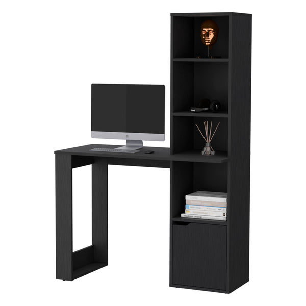 English Elm Computer Desk With 4-Tier Bookcase & Hidden Cabinet - Stylish, Space-Saving Workstation For Home Office B062111729