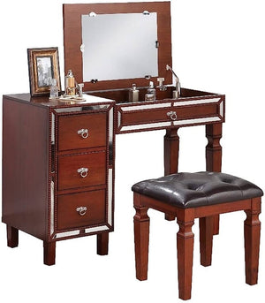 English Elm Traditional Tri-drawer Vanity Set with Tufted Stool Adjustable Mirror Bedroom Elegance Cherry B011111846