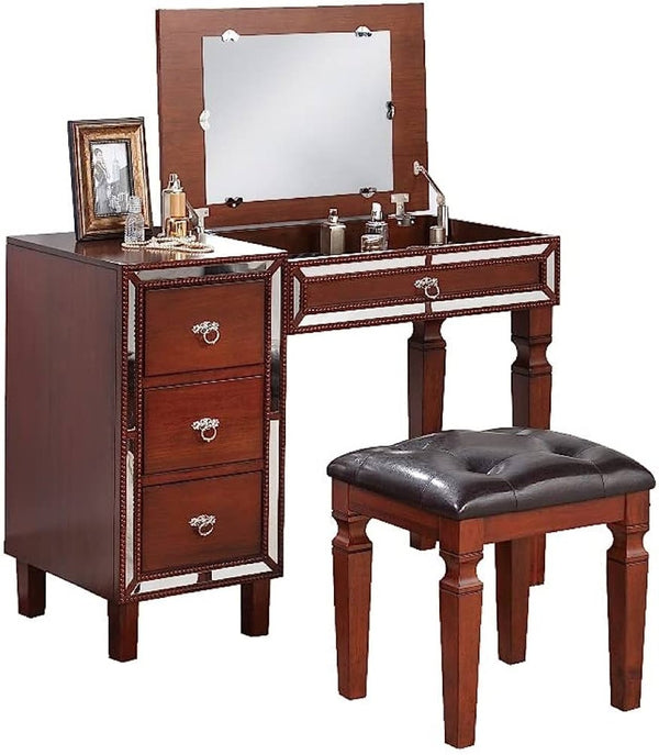 English Elm Traditional Tri-drawer Vanity Set with Tufted Stool Adjustable Mirror Bedroom Elegance Cherry B011111846