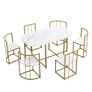 English Elm Topmax Faux Marble 7 Piece Dining Set Seats Six with Iron Frame Modern Glam Appeal Golden+White N717S000017G