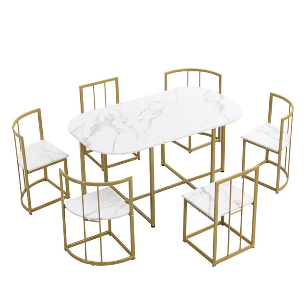English Elm Topmax Faux Marble 7 Piece Dining Set Seats Six with Iron Frame Modern Glam Appeal Golden+White N717S000017G