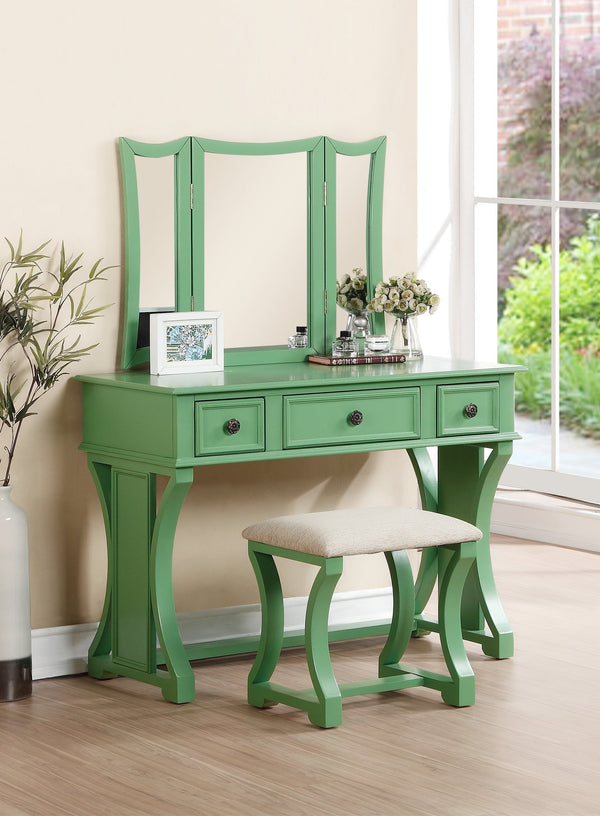 English Elm Unique Modern Bedroom Vanity Set with Foldable 3-Panel Mirror, Drawers & Cushioned Stool in MDF Veneer Rustic Pine Finish Antique Green 25 L x 20 W x 48 H B011111841