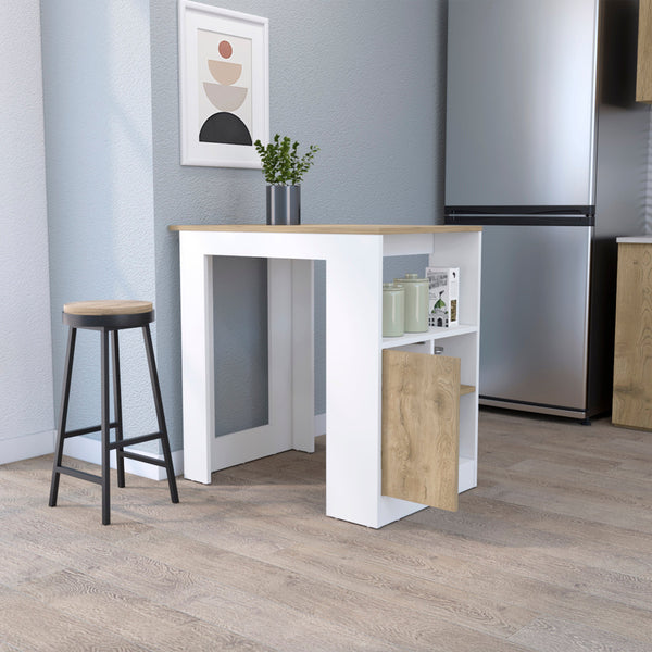 English Elm Aurora Compact Kitchen Island with Open Shelves & Cabinet in White and Macadamia — Stylish Prep Hub B062111733