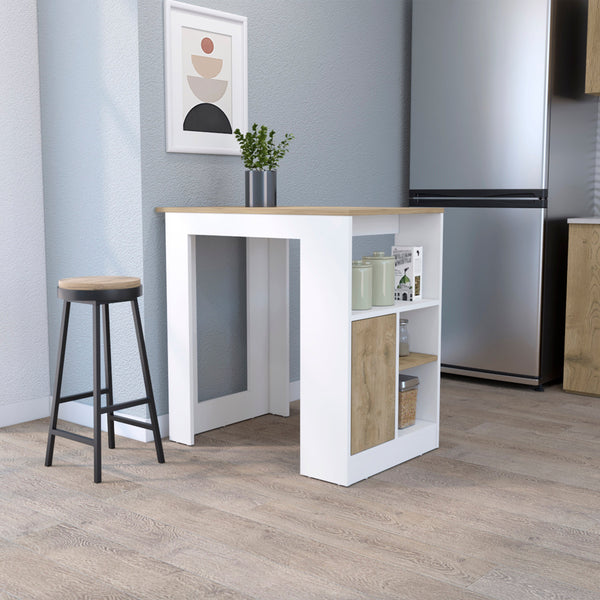 English Elm Aurora Compact Kitchen Island with Open Shelves & Cabinet in White and Macadamia — Stylish Prep Hub B062111733