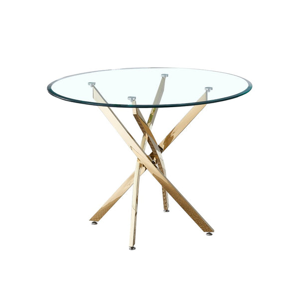 English Elm Contemporary Round Tempered Glass Dining Table with Sculptural Stainless Steel Base W1311111912