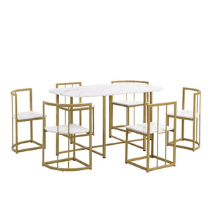 English Elm Topmax Faux Marble 7 Piece Dining Set Seats Six with Iron Frame Modern Glam Appeal Golden+White N717S000017G