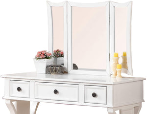 English Elm Unique Rustic Pine Vanity Set w Stool, 3-Panel Foldable Mirror, Drawers, Cushioned Seat, Multi-Color Finish B011111843