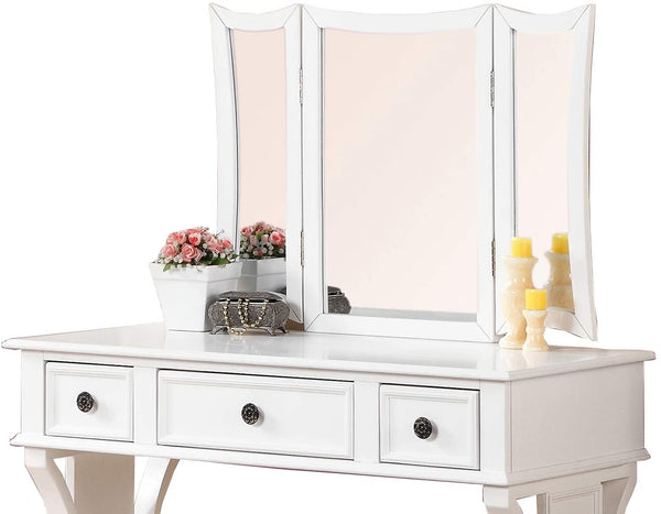 English Elm Unique Rustic Pine Vanity Set w Stool, 3-Panel Foldable Mirror, Drawers, Cushioned Seat, Multi-Color Finish B011111843
