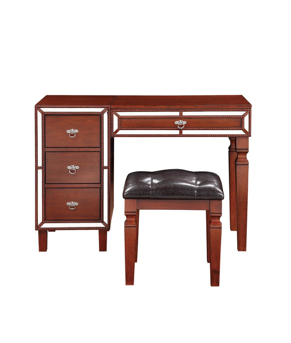 English Elm Traditional Tri-drawer Vanity Set with Tufted Stool Adjustable Mirror Bedroom Elegance Cherry B011111846