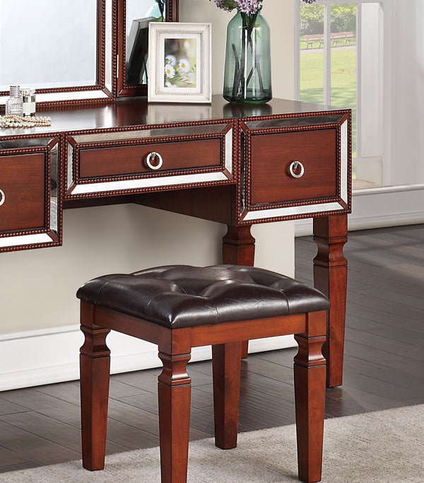 English Elm Luxurious Tri-Fold Vanity Set with Stool and Three Drawers for Bedroom Makeup, Elegant Storage and Comfort Cherry 25 L x 20 W x 60 H B011111850