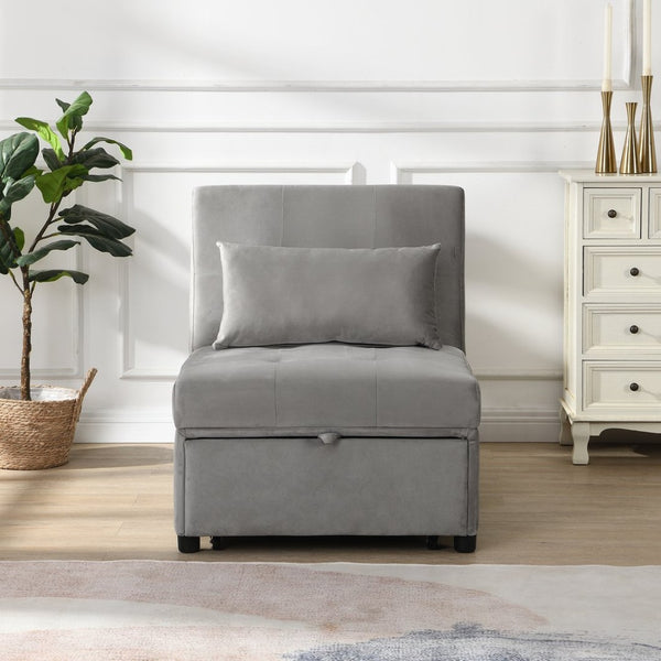 English Elm Folding Ottoman Sofa Bed Gray Upholstered Convertible Sleeper for Studio or Guest Room W214104023