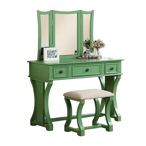 English Elm Unique Modern Bedroom Vanity Set with Foldable 3-Panel Mirror, Drawers & Cushioned Stool in MDF Veneer Rustic Pine Finish Antique Green 25 L x 20 W x 48 H B011111841
