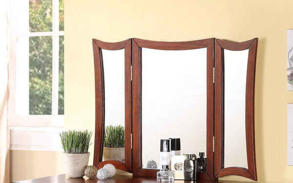 English Elm Unique Modern Bedroom Vanity Set with Foldable 3-Panel Mirror, Drawers & Cushioned Stool in MDF Veneer Rustic Pine Finish Cherry 25 L x 20 W x 48 H B011111842