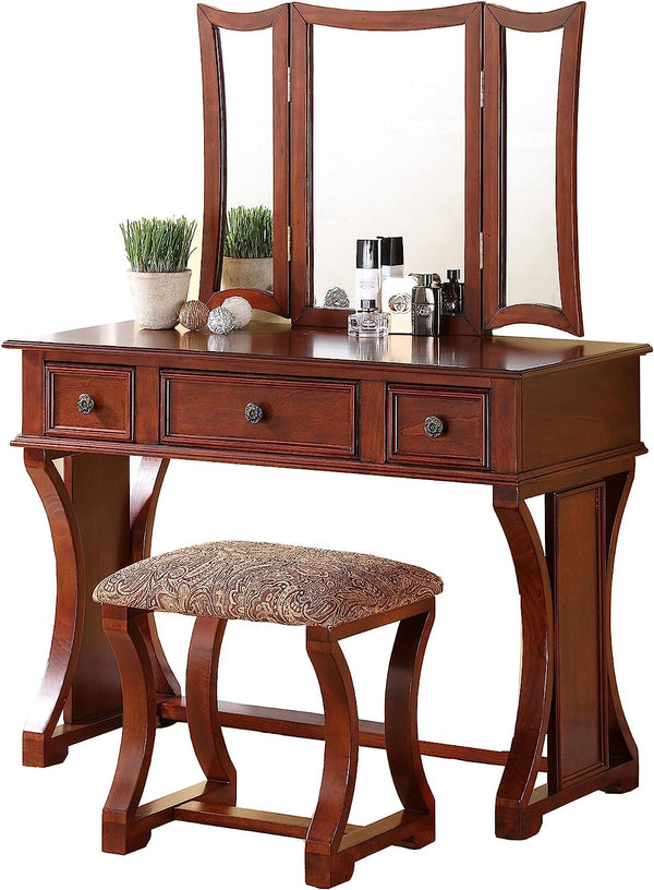 English Elm Unique Modern Bedroom Vanity Set with Foldable 3-Panel Mirror, Drawers & Cushioned Stool in MDF Veneer Rustic Pine Finish Cherry 25 L x 20 W x 48 H B011111842