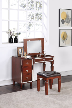 English Elm Traditional Tri-drawer Vanity Set with Tufted Stool Adjustable Mirror Bedroom Elegance Cherry B011111846