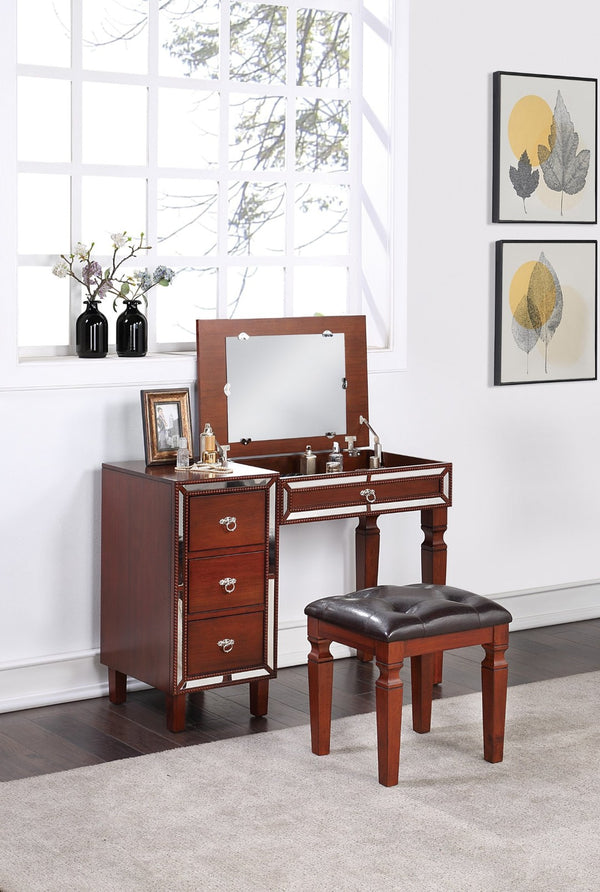 English Elm Traditional Tri-drawer Vanity Set with Tufted Stool Adjustable Mirror Bedroom Elegance Cherry B011111846