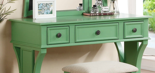 English Elm Unique Modern Bedroom Vanity Set with Foldable 3-Panel Mirror, Drawers & Cushioned Stool in MDF Veneer Rustic Pine Finish Antique Green 25 L x 20 W x 48 H B011111841