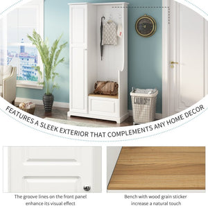 English Elm On-trend Matte Finish Hall Tree with Flip Bench Shoe Storage and Hanging Hooks White WF304223AAK