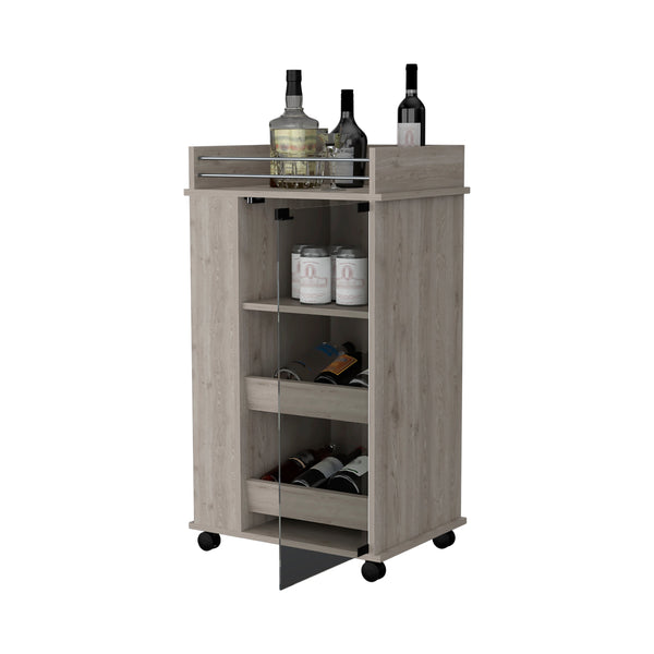 English Elm Willow Elegant Glass Door Bar Cart with 2-Bottle Holder, 3 Shelves & Smooth Casters in Light Gray B062111725