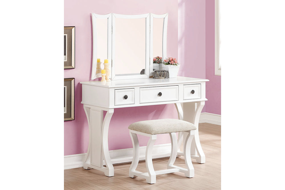English Elm Unique Rustic Pine Vanity Set w Stool, 3-Panel Foldable Mirror, Drawers, Cushioned Seat, Multi-Color Finish B011111843