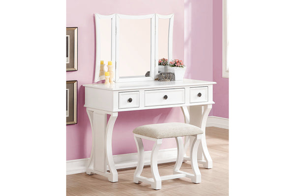 English Elm Unique Rustic Pine Vanity Set w Stool, 3-Panel Foldable Mirror, Drawers, Cushioned Seat, Multi-Color Finish B011111843