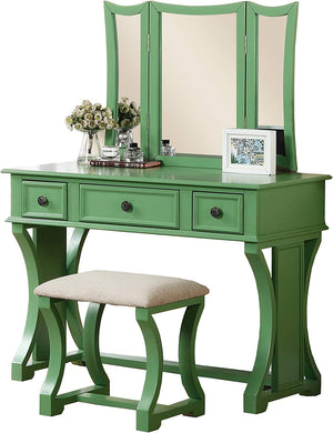 English Elm Unique Modern Bedroom Vanity Set with Foldable 3-Panel Mirror, Drawers & Cushioned Stool in MDF Veneer Rustic Pine Finish Antique Green 25 L x 20 W x 48 H B011111841
