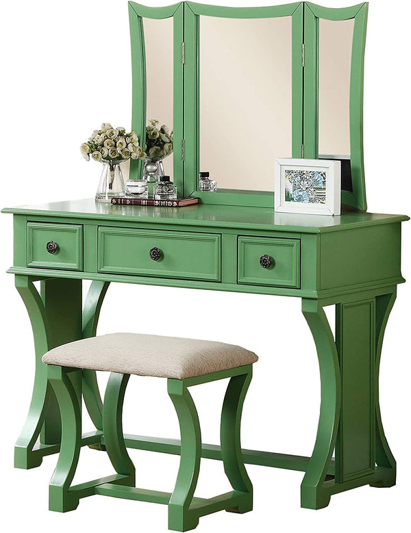 English Elm Unique Modern Bedroom Vanity Set with Foldable 3-Panel Mirror, Drawers & Cushioned Stool in MDF Veneer Rustic Pine Finish Antique Green 25 L x 20 W x 48 H B011111841
