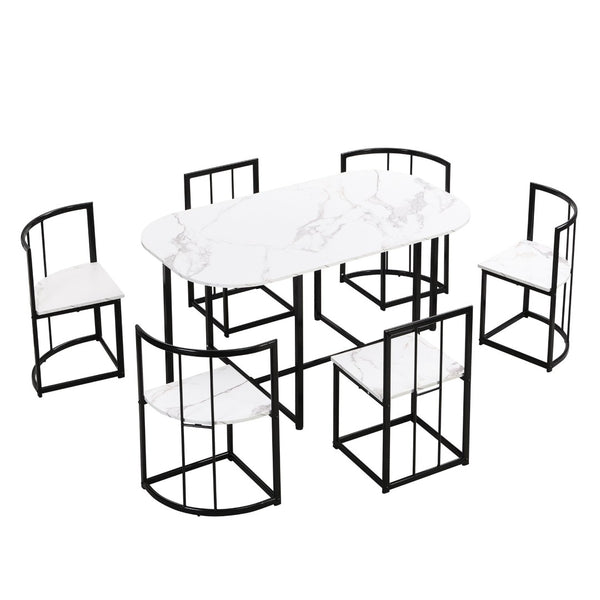 English Elm Topmax Seven Piece Faux Marble Dining Set Iron Frame Seats Six Compact Modern Kitchen N717S000017B