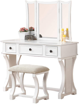 English Elm Unique Rustic Pine Vanity Set w Stool, 3-Panel Foldable Mirror, Drawers, Cushioned Seat, Multi-Color Finish B011111843