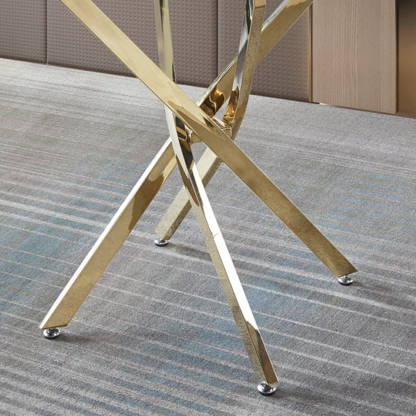 English Elm Contemporary Round Tempered Glass Dining Table with Sculptural Stainless Steel Base W1311111912