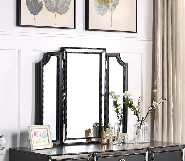 English Elm Luxurious Tri-Fold Vanity Set with Stool and Three Drawers for Bedroom Makeup, Elegant Storage and Comfort Black 25 L x 20 W x 60 H B011111849
