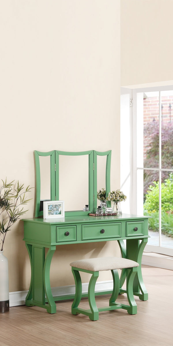 English Elm Unique Modern Bedroom Vanity Set with Foldable 3-Panel Mirror, Drawers & Cushioned Stool in MDF Veneer Rustic Pine Finish Antique Green 25 L x 20 W x 48 H B011111841