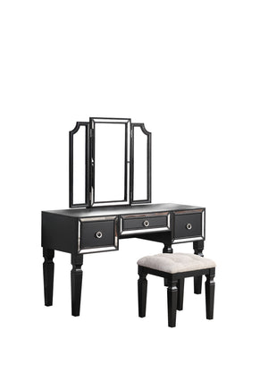 English Elm Luxurious Tri-Fold Vanity Set with Stool and Three Drawers for Bedroom Makeup, Elegant Storage and Comfort Black 25 L x 20 W x 60 H B011111849